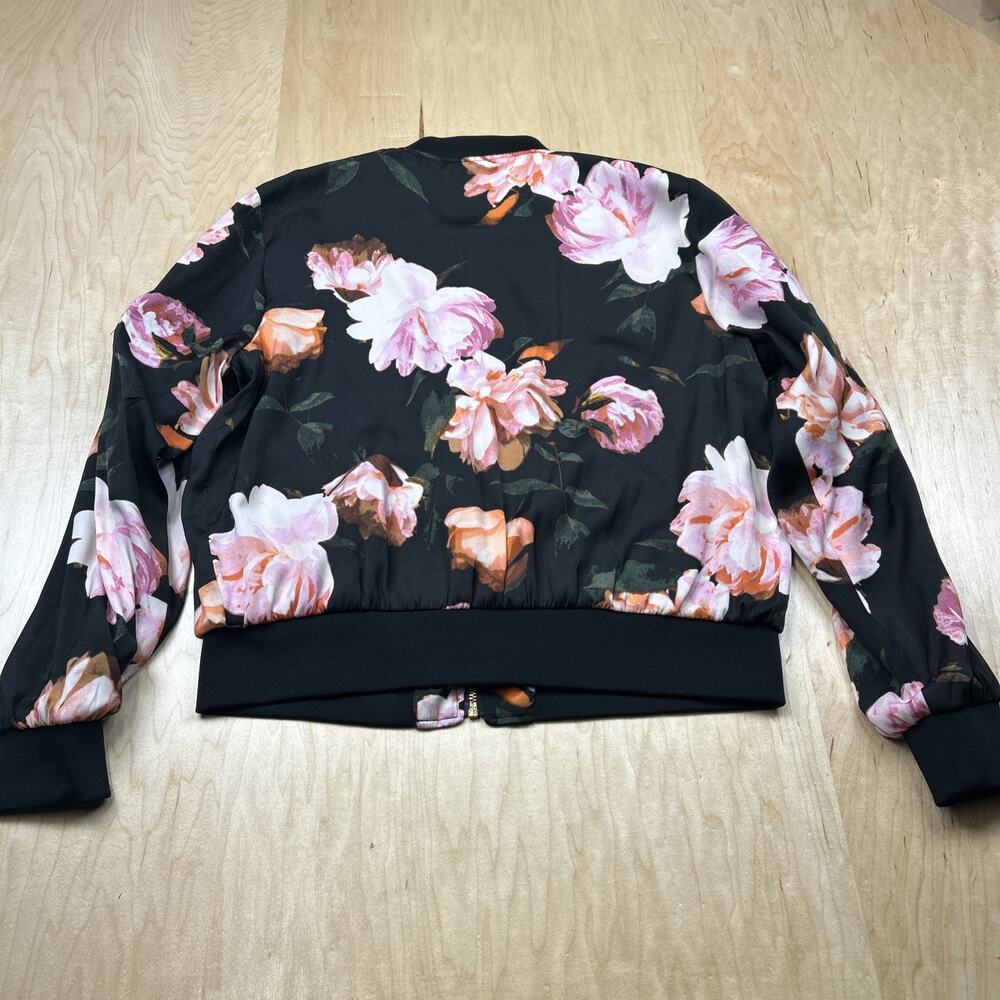 Jennifer Lopez Floral Bomber Jacket Black Pink Roses Zip Up Womens M Gold Zipper - Picture 11 of 12